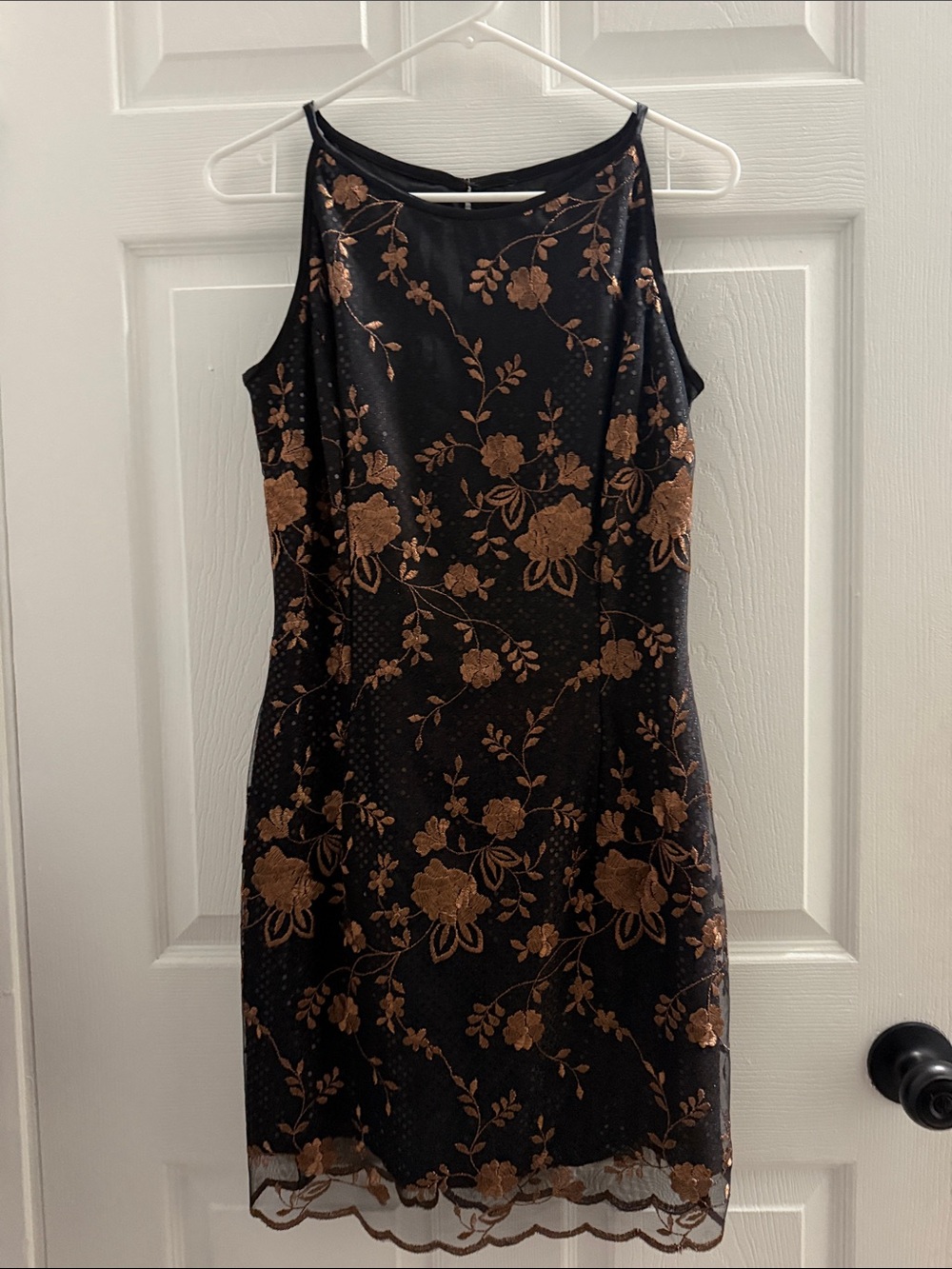 Jessica McClintock Black Mini Dress with Copper Floral Lace Overlay